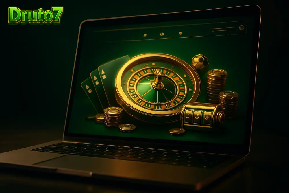 Druto7 Bangladesh โ a glowing green and gold casino homepage on a laptop screen Druto7 Bangladesh โ a glowing green and gold casino homepage on a laptop screen