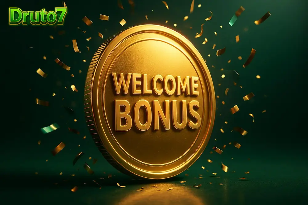 Druto7 signup bonus — a giant glowing welcome-bonus coin burst with confetti